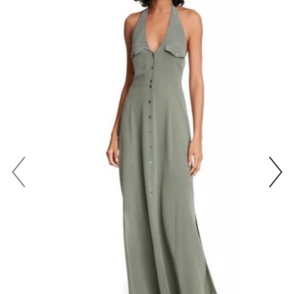 L'AGENCE Olive Green Halter Silk Button-Front Maxi Dress